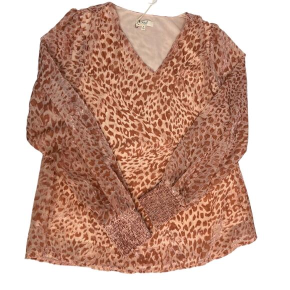 Easel Leopard Animal Print Blouse Peach Semi Sheer Velour V-Neck NWT Boho Glam S - Picture 7 of 11